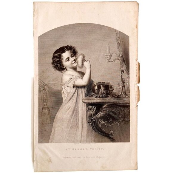 Girl With Makeup Mammas Toilet Steel Engraving 1859 Victorian Art DWY5D - Picture 2 of 2